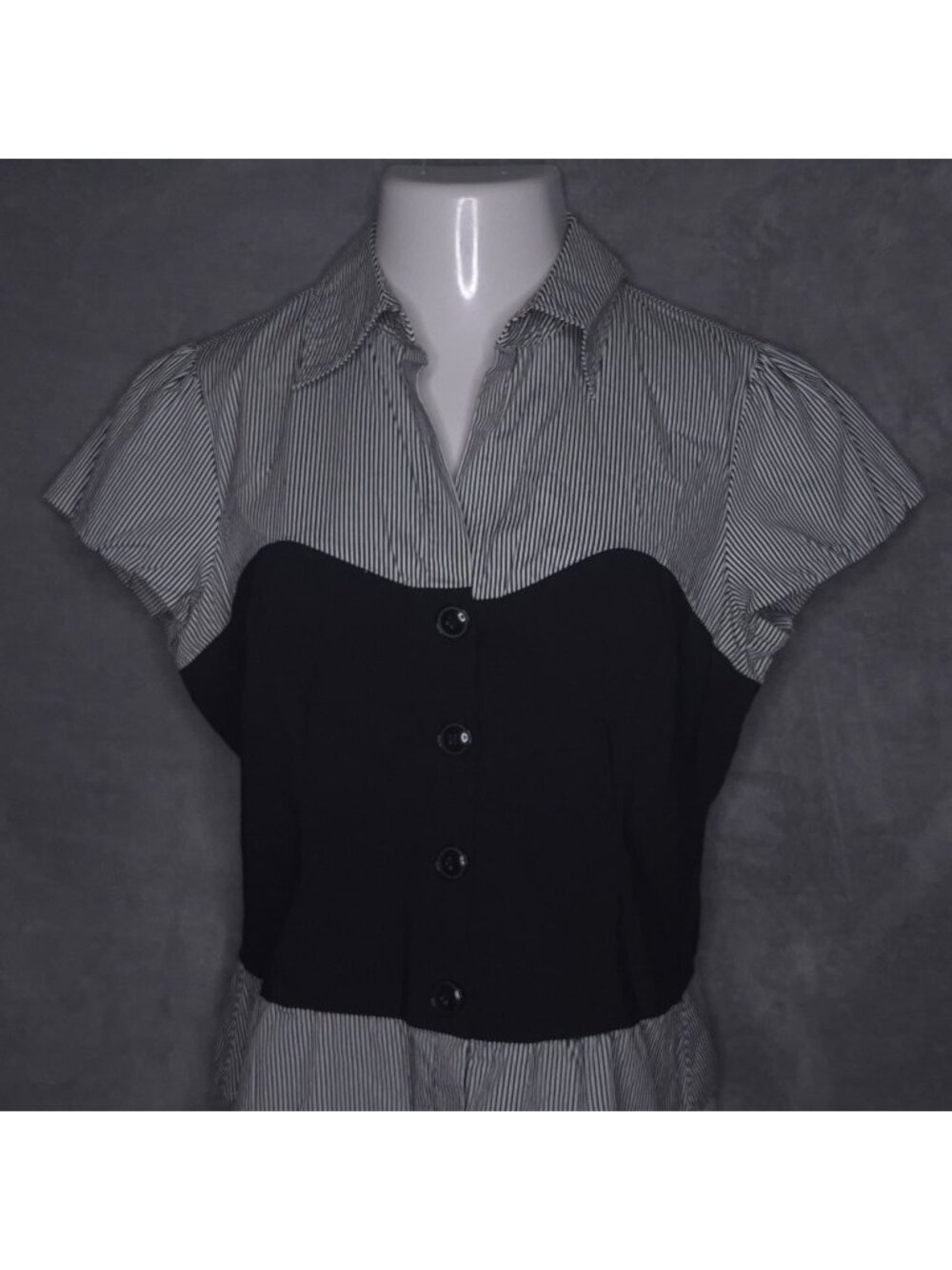 INC Striped & Solid Button-Down Short Sleeve Blouse 14 Light Weight Casual